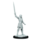 Unpainted miniature of a Human Dwendalian Empire Fighter Female with a raised sword, from Critical Role, poised for tabletop gaming.