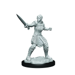 Front view of an unpainted Human Dwendalian Empire Fighter Female miniature with a defensive stance, from Critical Role.