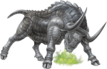 Full-color illustration of a Gorgon from Dungeons & Dragons, depicted with metallic scales and breathing out a cloud of poisonous gas.