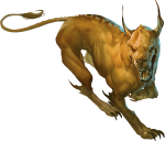 Dynamic colored illustration of a Blink Dog from D&D Nolzur's Marvelous Miniatures with golden tones and intricate textures, showing the potential of the unpainted miniature once fully painted.