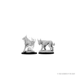Two D&D Nolzur's Marvelous Unpainted Miniatures Blink Dogs, one standing and one leaping, displayed against a white background, ready for painting.