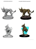 Comparison of unpainted and painted D&D Nolzur's Marvelous Miniatures Blink Dogs, highlighting the transformation from gray to fully colored with intricate details.