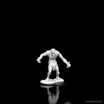 Front view of the unpainted Raging Troll figure from D&D Nolzur's Marvelous Miniatures on a reflective black surface, showcasing the detailed sculpt ready for customization.