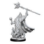 Unpainted Seer miniature from Critical Role with intricate details, featuring a staff and orb, ready for custom painting.
