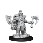 Render of the unpainted D&D Frameworks Dwarf Barbarian miniature by WizKids, wielding two axes and featuring intricate armor details.