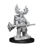 Unpainted 3D render of D&D Frameworks Dwarf Barbarian with winged helmet and hammer miniature by WizKids on a black base.