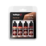 Front packaging for Vallejo Game Colour Pale Skin Set, featuring four 18 ml bottles of paint in varying skin tones, designed using the BSL colour system, with a visual guide and QR code for a tutorial.