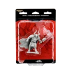 Unpainted Pathfinder Deep Cuts Minotaur Labyrinth Guardian miniature in sealed packaging against a red fantasy background.