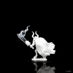 Rear view of Pathfinder Minotaur Labyrinth Guardian miniature showing the fine detail of its cloak and weapon against a reflective black background.
