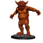 Digitally rendered illustration of the painted Eidolon Possessed Sacred Statue miniature from D&D Nolzur's Marvelous Miniatures, depicted with vivid orange and red tones, standing on a rocky base.