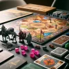 An engaging category image for a website featuring modern board games, showcasing a variety of game elements including detailed miniature figures, colorful custom dice, and intricately designed game boards. The setting is a sleek, dark wood table with a softly blurred background to emphasize the vibrant and sophisticated gaming accessories.