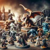 An assortment of finely crafted miniature figures, including a dragon, a knight, a futuristic soldier, and historical warriors, displayed on a rustic wooden surface. The focus is on the exquisite detail and variety, appealing to collectors and hobbyists.