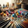 An array of hobbyist paints and tools, including vibrant paint pots, various brushes, and modeling tools on a textured workshop table, emphasizing the practical tools for miniature painting and crafting.