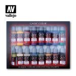 Vallejo Game Colour Advanced 16 Colour Set featuring acrylic paints for fantasy figures, with bottles labeled with colour names and numbers.