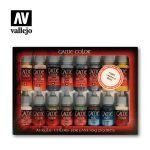 Vallejo Game Color Leather & Metal 16 Color Set for miniature painting including a variety of silver, gold, and earth tones.