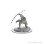 Front view of an unpainted Oni figure wielding a spear from the D&D Nolzur's Marvelous Miniatures series, displayed against a white backdrop.