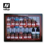 Vallejo Game Colour Specialist 16 Colour Set for miniatures, featuring bottles of premium acrylic paints in assorted colours, with Glaze Medium and Matt Varnish.