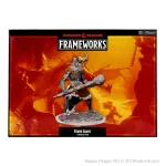 Dungeons & Dragons Frameworks Stone Giant Miniature in Box by Wizkids, showcasing an unpainted Stone Giant figurine with a club, against a fiery background.
