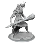 Front view of the assembled and unpainted D&D Frameworks Stone Giant miniature by Wizkids, displaying detailed textures and a dynamic pose.