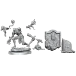 Unassembled parts of WizKids D&D Ghast and Ghoul Miniature displayed against a black background, including detailed figures and scenery elements.