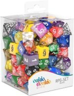 Front view of Oakie Doakie Dice RPG Set Retail Pack containing 105 colourful RPG dice