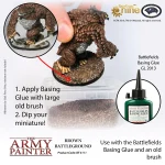 Instructions for using Army Painter Battlefield Basing: Brown Battleground with Basing Glue and miniature model.