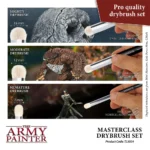 Masterclass Drybrush Set by Army Painter, showcasing uses for different brush sizes: Mighty Drybrush for terrain and large models, Moderate Drybrush for large models, and Miniature Drybrush for small and normal-sized models.