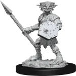 Hobgoblin miniature from the Pathfinder Battles Deep Cuts collection, standing in a battle-ready pose with a spear and shield, primed and ready for painting.