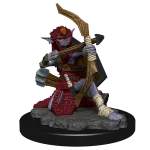 Coloured Hobgoblin archer miniature from the Pathfinder Battles Deep Cuts collection, kneeling in an aiming pose with a drawn bow, showcasing a detailed paint job.