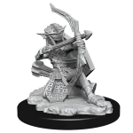 Hobgoblin archer miniature from the Pathfinder Battles Deep Cuts collection, kneeling in an aiming pose with a drawn bow, primed and ready for painting.