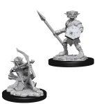 Two highly detailed Hobgoblin miniatures from the Pathfinder Battles Deep Cuts collection. One is armed with a spear and shield, and the other is equipped with a bow, both standing on rocky bases, primed and ready for painting.