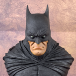 Close-up of hand-painted 1/4 scale Batman bust inspired by Knightfall, showcasing detailed facial features and high-resolution 3D print quality.