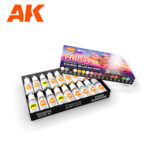 Top-down view of the AK Interactive Keigo Murakami Personal Mixes paint set, showing 18 labelled 17ml acrylic paint bottles arranged in foam packaging with colourful anime-style box artwork